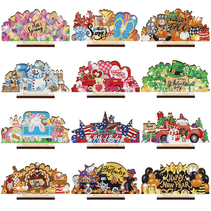 YooNotee 12 Sets Interchangeable Seasonal Diamond Art Tabletop Decorations Holiday Diamond Art Painting Kit with 12 Wood Base for Table Tiered Tray Decor Craft Graduation Centerpiece (Classic Style)