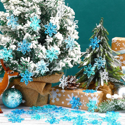 BOARDFEB 60Pcs Christmas Acrylic Snowflake Ornaments, Winter 3D Translucent Snowflake Hanging Ornaments for Tree Crystal Pendants with Rope for Holiday Party DIY Decor (Blue 43mm)