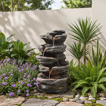 Anunweldo 19.7" Tall Outdoor Water Fountain, 5 Tier Cascading Bowls and Stacked Water Fountain with LED Lights, for Yard Décor, Backyard, Patio and Deck (19.7'')
