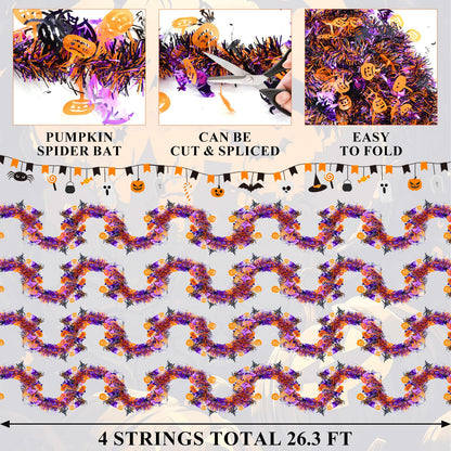 4 Strings Total 26.4 ft Halloween Tinsel Garlands – Each 6.6ft Black Orange Purple Bats Pumpkins Spiders Fringe Garland for Halloween Parties, Haunted House, and Spooky Decorations
