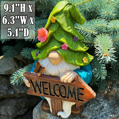 Mood Lab Garden Gnome - Solar Gnome Figurine with Welcome Sign - 9.1 Inch Decor Outdoor Lawn Statue with LED Lights