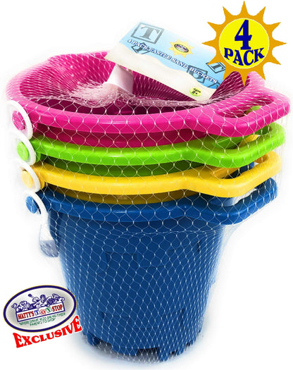 Matty's Toy Stop Beach Gear 7" Plastic Castle Mold Sand Buckets (Pails) with Easy Pour Spout and Handle Blue, Pink, Green & Yellow Party Set Bundle - 4 Pack