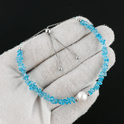 CRYSTALIS Natural Swiss-Blue-Topaz Beads Slider Bolo Bracelet with Elegant Pearl, Uncut Chips Nuggets Crystals, Chakra Healing Gemstone, Women Jewelry, 925 Sterling Silver Slider 10 inch