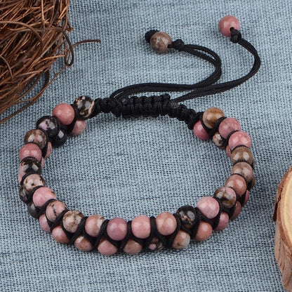 MASSIVE BEADS Natural Chakra Healing Power Crystals Macrame Bracelet Yoga Double Layer Stone Beads Gemstone Meditation Relax Anxiety Bangle for Unisex Women Men (Pink Black Rhodonite, 6mm)