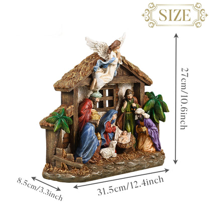 Valery Madelyn Christmas Nativity Figurines with LED Lights, Red Gold Holy Family Nativity Scenes Set Resin Manger for Xmas Indoor Home Table Fireplace Holiday Decorations, 10.6 Inch Tall