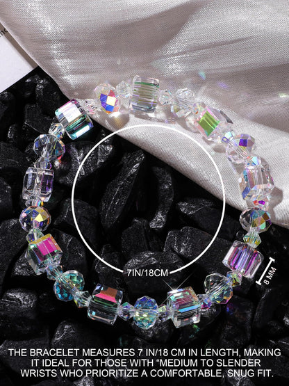 HANGINTHERE Aurora Crystal Bracelet for Women ,7 Inch Stretchy Iridescent Bracelet with 8mm Aurora Borealis Beads,Gift for Girlfriend Best Friends Mom Wife, Birthday Valentine‘s Present with Velvet Pouch