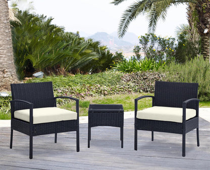 Manhattan Comfort Noli 3-Piece Patio Conversation Set, Outdoor Furniture Made of Steel Rattan | Includes 2 Modern Armchairs, Tempered Glass End Table, Removable Waterproof Cushions, Cream