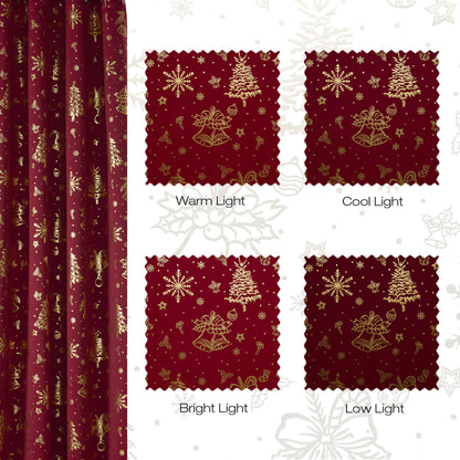 NICETOWN 2 Panels Christmas Red Rod Pocket 42 x 36 Inch Valance Curtains - Holiday Themed Window Treatment for Living Room, Bedroom, Study, Dining Room, Kids Room - Gold Stamping Design