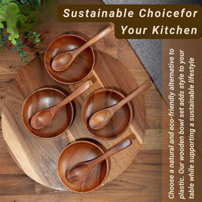 Komokey Wooden Bowl and Spoon Set of 4 - Japanese Style Natural Wood Soup Rice Salad Bowls with Spoons, Eco-Friendly Handcrafted Tableware, Housewarming Kitchen Gift