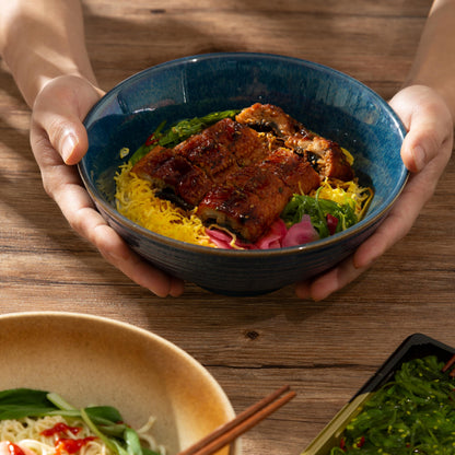 ArtifexCeram 8 Inch Ceramic Ramen Bowl Set of 2, 40oz Japanese Bowls with Spoons & Chopsticks,Durable,Microwave & Dishwasher Safe,Perfect for Ramen,Pho,Salad,Soup,Noodles，Mixing bowls（Amber）