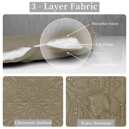 Easy-Going Full/Queen Size Reversible Quilt Set with 1 Quilt and 2 Pillow Shams, Soft Bed Quilt Cover, Water Resistant Lightweight Microfiber Bedspread, Stain Resistant, Damask-Beige/Beige
