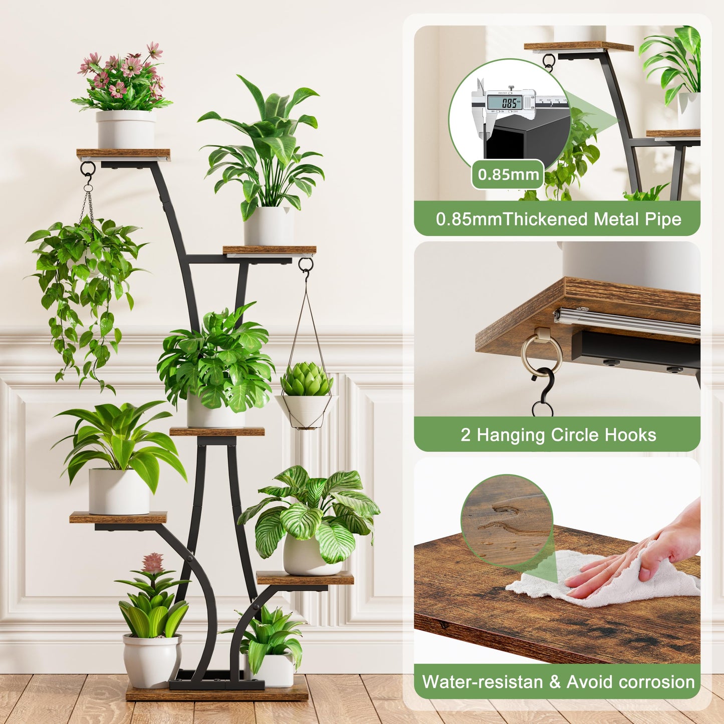 MOSTWOGO Plant Stand with Grow Light for Indoor Plants, 6 Tiered Metal Plant Shelf, 45" Indoor Plant Rack with 7 Shelves and 2 Hooks, Modern Corner Plant Holder for Living Room Balcony Bedroom, Black