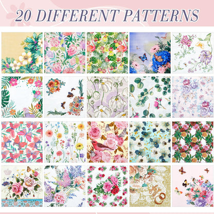 Crtiin 20 Pack Decoupage Napkins Floral Napkins Flower Cocktail Paper Decorative Toilet for Valentine's Day Birthday Party Beautiful Gorgeous, 20 Styles Each 6.5 Inches(Style 1)