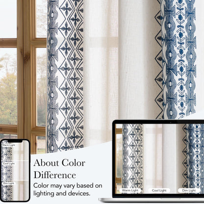 NICETOWN Boho Curtains with Navy Blue Trim 84" Long 2 Panels, Embroidered Cream Linen Textured Geometric Drapes with Antique Bronze Grommets, Light Filtering Window Treatment for Living Room & Nursery