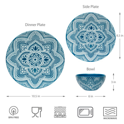 Bzyoo 12-Piece Ceramic Dinnerware Set: La La Mandala Blue Dish Set Design for Every Occasion - Microwave & Dishwasher Safe Stackable Plates Bowls