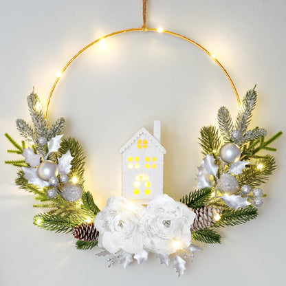 MEIVINES Prelit Christmas Wreath for Front Door 16Inch Artificial Christmas Door Wreath with Lights Silver Rose Farmhouse Xmas Winter Wreath for Christmas Decoration Wall Fireplace Mantle(Silver)