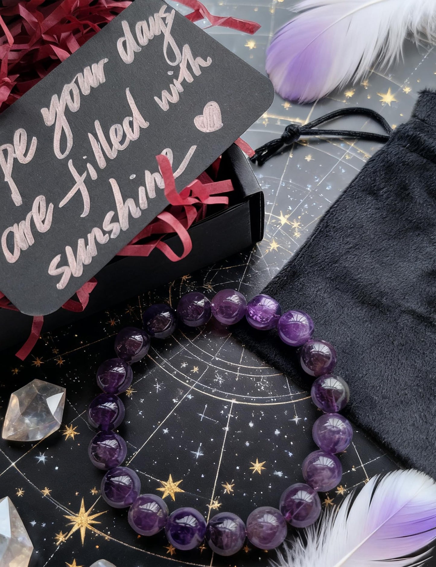 Silan's Natural Amethyst Bracelet for Women, Genuine Healing Crystal Stretch Elastic Adjustable Bracelet with Lucky Card, Gift for Her (8mm)
