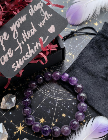 Silan's Natural Amethyst Bracelet for Women, Genuine Healing Crystal Stretch Elastic Adjustable Bracelet with Lucky Card, Gift for Her (10mm)