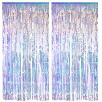 Iridescent Party Streamers Backdrop - GREATRIL Neon Transparent Holographic Tinsel Foil Fringe Curtain for Mermaid/Frozen/Sea/Euphoria/ERAS Party Theme Decorations 3.2ft x 6.5ft 2 PCS