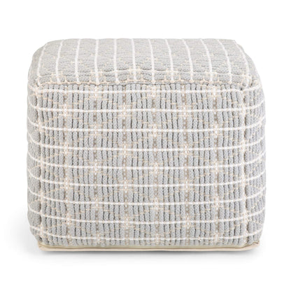 SIMPLIHOME Noreen Square Pouf - 18 inch Wide Upholstered Handwoven Cotton Ottoman in Light Blue and White, Boho Footstool or Extra Seating for Living Room with Polystyrene Filling, Assembled