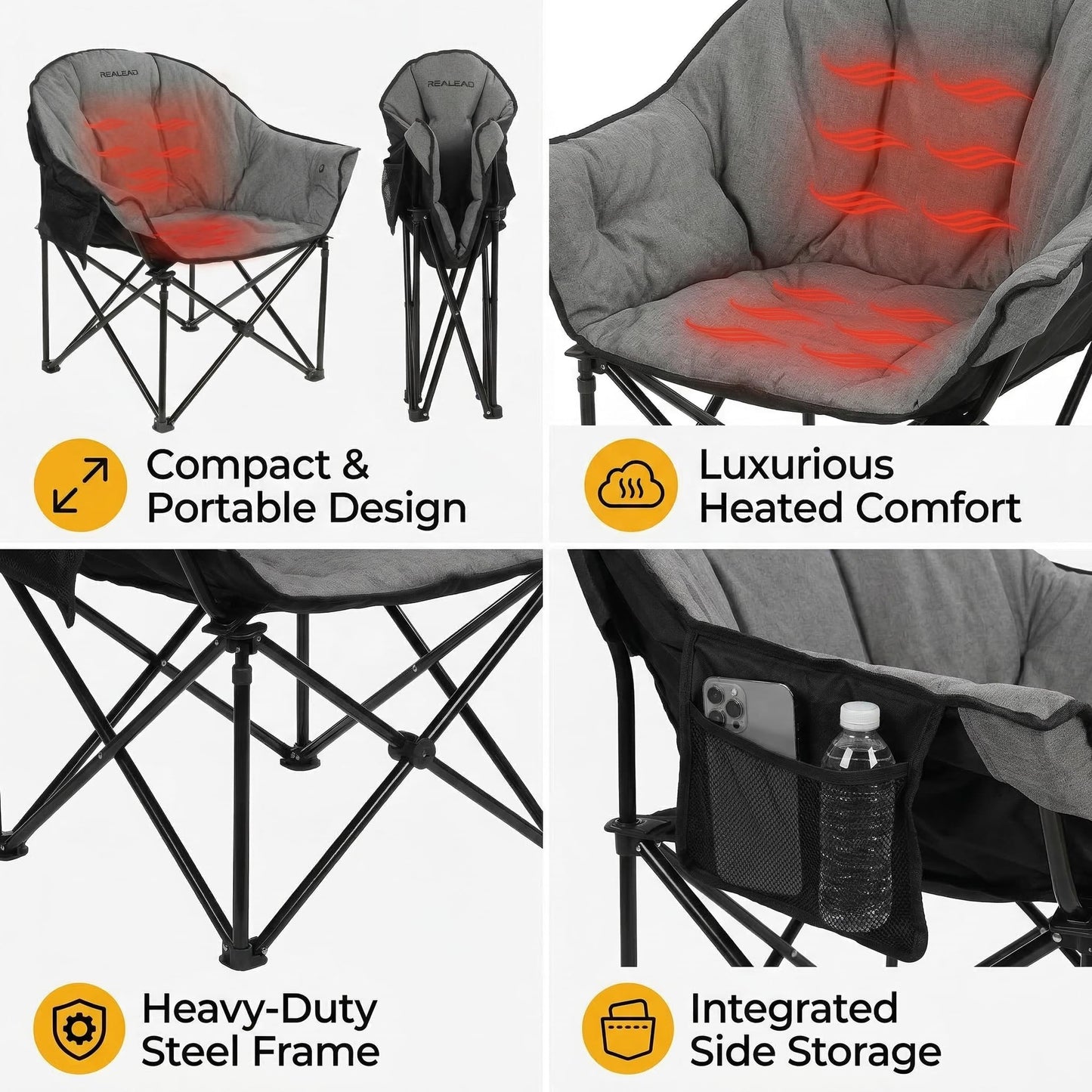 REALEAD Heated Camping Chair - Fully Thick Padded - Heated Chairs for Outdoor Sport with Back and Seat Heating - Heated Outdoor Chair for Adults - Battery NOT Included
