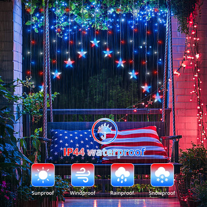 woohaha 4th of July Patriotic Star Icicle Lights,118LED Red White and Blue Curtain Window Lights,Connectable Star String Light Plug in for Independence Day,Garden,Fourth of July Decorations