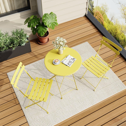 3-Piece Folding Bistro Set, Outdoor Patio Furniture Set with 2 Chairs & 1 Table, Space-Saving Foldable Balcony Garden Set with Heavy-Duty Powder-Coated Steel Frame, No Assembly Required, Yellow