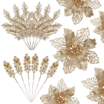Alupssuc 24 PCS Christmas Tree Decorations, 12 PCS Poinsettia Flowers Artificial+6 PCS Glitter Holly Berry Stems+6 Berry Leaves Christmas Tree Picks for Party Wreath Fireplace, Champagne Gold