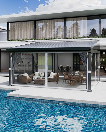 10X14 ft Wall Mounted Lean to Gazebo with Gutters System & Sliding Netting, Aluminum Frame, Connectable Wall Mounted Gazebo Pergola with Sloping Galvanized Steel Roof for Patio, Garden, Grey