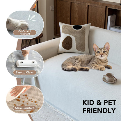 KaviKon Couch Covers for Dogs 3 Cushion, Loveseat Slipcovers Washable, Pet L Shape Sectional Protector, Boho Sofa Blanket Cover, Herringbone Chenille, Cream, 71"x118"