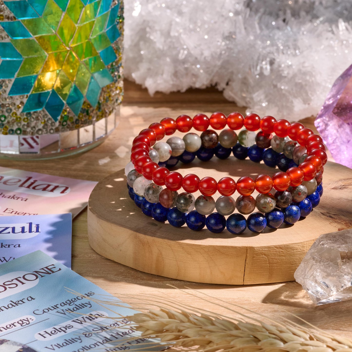 Bivei 3-Piece 4mm Beaded Bracelets for Women – Carnelian, African Bloodstone, Lapis Lazuli – Handmade Natural Crystal Stretch Elastic Jewelry for Meditation, Yoga, Protection Gifts