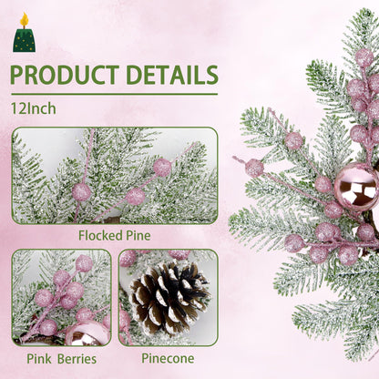 Christmas Candle Rings Wreaths,8" Small Wreaths for Kitchen Cabinet with Balls,Pine Cones,Pine Needles and Berries for Home Christmas Table Centerpiece Decorations (4, Pink)