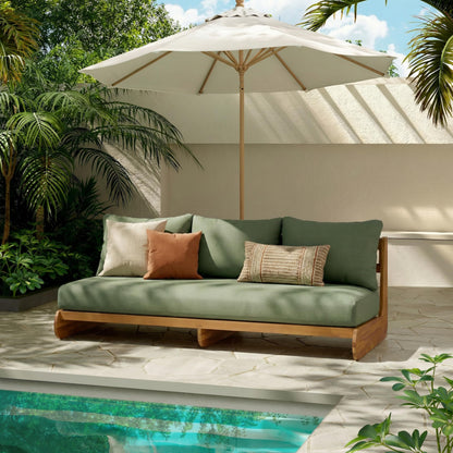 Christopher Knight Home Poppy Acacia Wood Outdoor 3 Seater Sofa with Cushion, Wooden Patio Sofa Couch with Cushion, Comfy Armless Cloud Sofa Couch, Patio Furniture Sofa Set, Teak+Olive Green