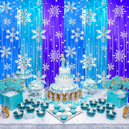 3 Pack Birthday Party Decorations Snowflake Tinsel Foil Fringe Curtains for Kids Frozen Birthday Backdrop Winter Christmas Holidays Photo Booth Prop Backdrop Streamer 3.3x6.6ft