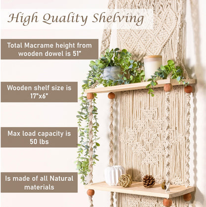 Induslyfe Macrame Wall Hanging Shelf 3 Tier Boho Wall Plant Hanger Shelves, Handmade of Woven Rope Boho Shelves Organizer for Living Room Bathroom Home Storage Floating Plant Rack Bohemian décor