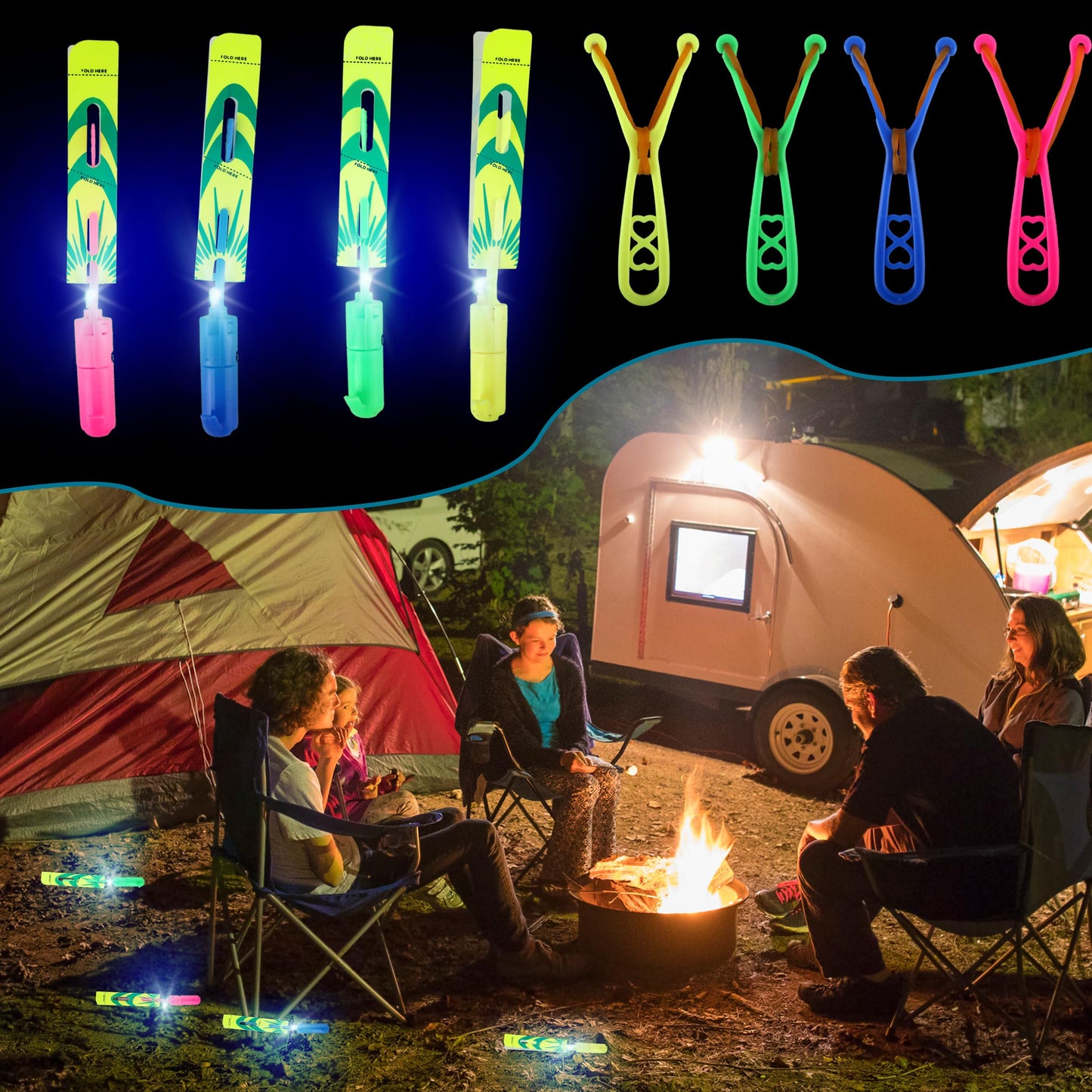 Cagemoga 72 Pcs Rocket Slingshot Flying Toys with LED Lights and Whistle Includes 36 Pcs Arrow Helicopter and 36 Pcs Launchers for Kids Outdoor Game Glow in The Dark Party Supplies
