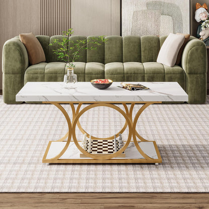 Tribesigns 46.45” Rectangle Coffee Table, Modern Coffee Tables for Living Room, 2-Tier Faux Marble Wood Coffee Table with Geometric Legs, Furniture with Storage Shelf (White & Gold)
