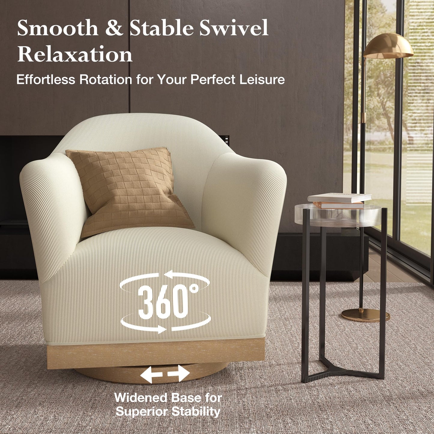 HERA'S HOUSE Swivel Barrel Accent Chair, Modern High-Back Armchair with 400 lbs Reinforced Support, 360°Smooth Swivel for Bedroom, Living Room, Plush Corduroy Upholstery, Fully Assembled, Beige