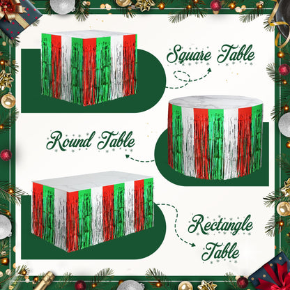 2 Pack Christmas Table Skirts, 29x108" Red & Silver & Green Metallic Foil Tinsel Fringe Table Skirts for Rectangle Tables Streamer Curtain Backdrop, Party Decoration for Xmas Birthday Wedding Holiday