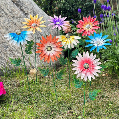 WKHOMEDECO Metal Flowers for Outside, 8 Pack Decorative Garden Stakes with Spring Design, 16.5 Inch Handmade Iron Outdoor Metal Garden Decor, Flickering Daisy Yard Art for Patio Lawn