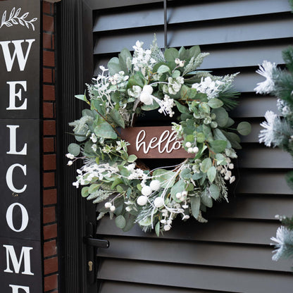 Winter Wreaths Front Door, Soomeir 24 Inch Winter Door Wreath with Snow Leaves, Pines Needles and Hello Wooden Sign for Home Window Mantle Indoor Outdoor Decor