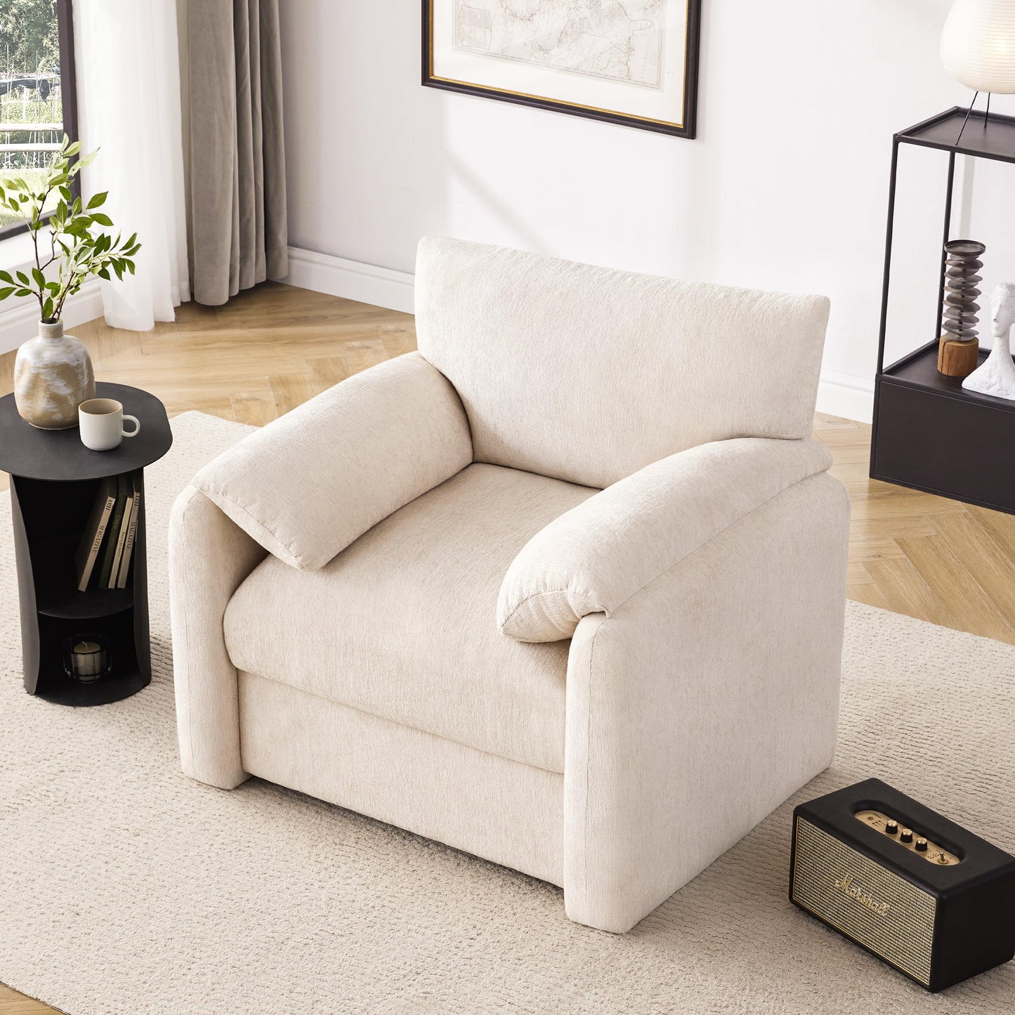 Howjoe Chenille Oversized Armchair, 38.6" Wide Accent Chairs for Living Room & Bedroom Modern Lounge Chair, Upholstered Mid-Century Reading Chair, Comfy Living Room Chair, Single Sofa Chair, Beige
