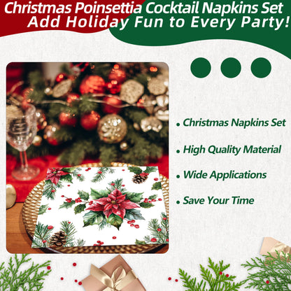50 Pcs Christmas Poinsettia Paper Napkins, Disposable Holiday Cocktail Napkin with Red Flower, Holly, Pinecone, and Berry Design for Xmas Dinner, Winter Birthdays, Weddings, Seasonal Table Decorations