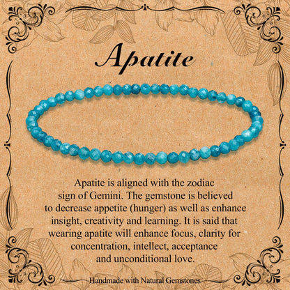 BONNY BOXX Natural Genuine Gemstone Faceted Round Beads Bracelet, 3mm Adjustable Stretchy Tiny Faceted Apatite, Healing Crystal Reiki Chakra Dainty Jewelry Fashion Gifts