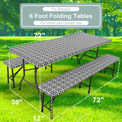 misaya Picnic Table Cover with Bench Cover, Waterproof Elastic Fitted Tablecloth for 6 Foot Tables, Rectangle Washable Polyester Tablecloths for Picnic, Camping, Outdoor (Black, 30" x 72")