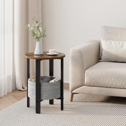 Vagusicc Small Round Side Table, Accent End Table with Storage Basket, Set of 2 Half Round Coffee Table End Table, Half Moon Bedside Table, Modern Nightstand Couch Table for Living Room Bedroom, Brown