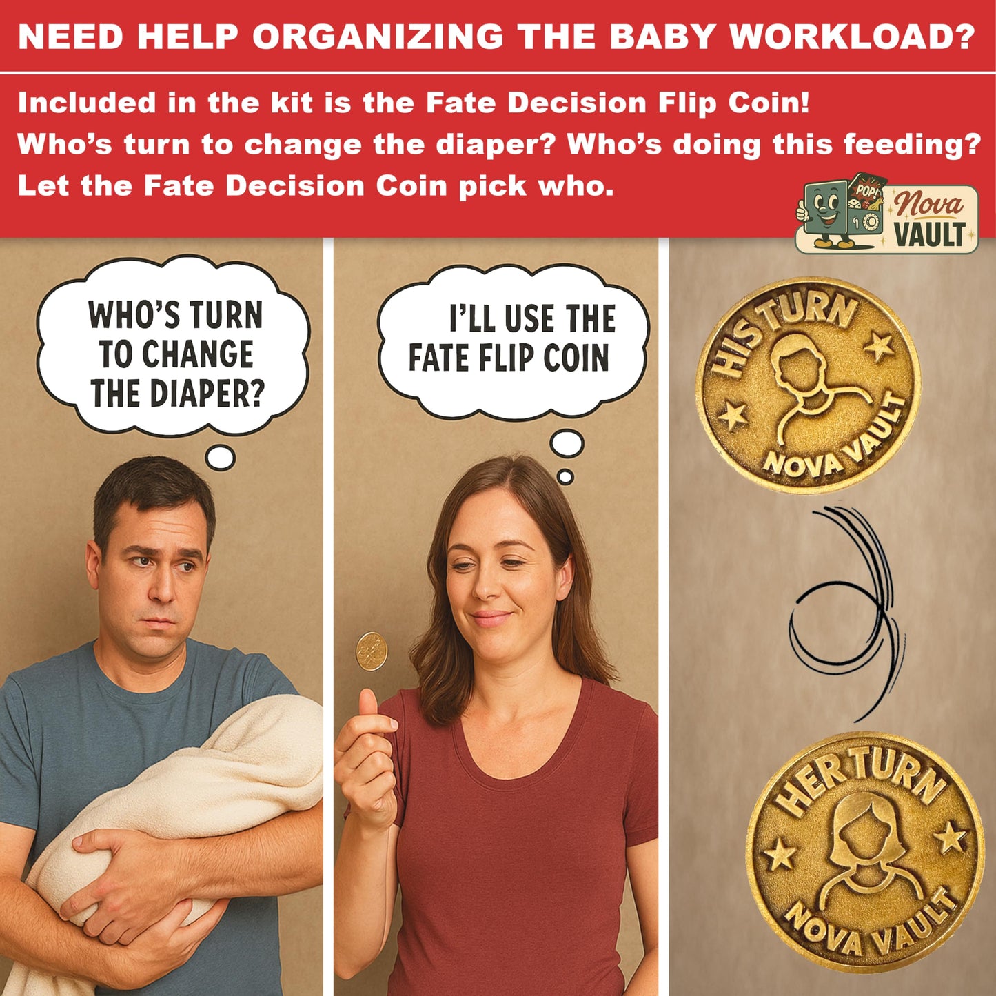 Nova Vault Funny Emergency Baby Newborn Kit Includes Wet Wipes, Flip Coin, Stickers, Jokes, Badge, Bag, Earforam. Ultimate Baby Shower, Family and Freinds Novelty Gag Gift