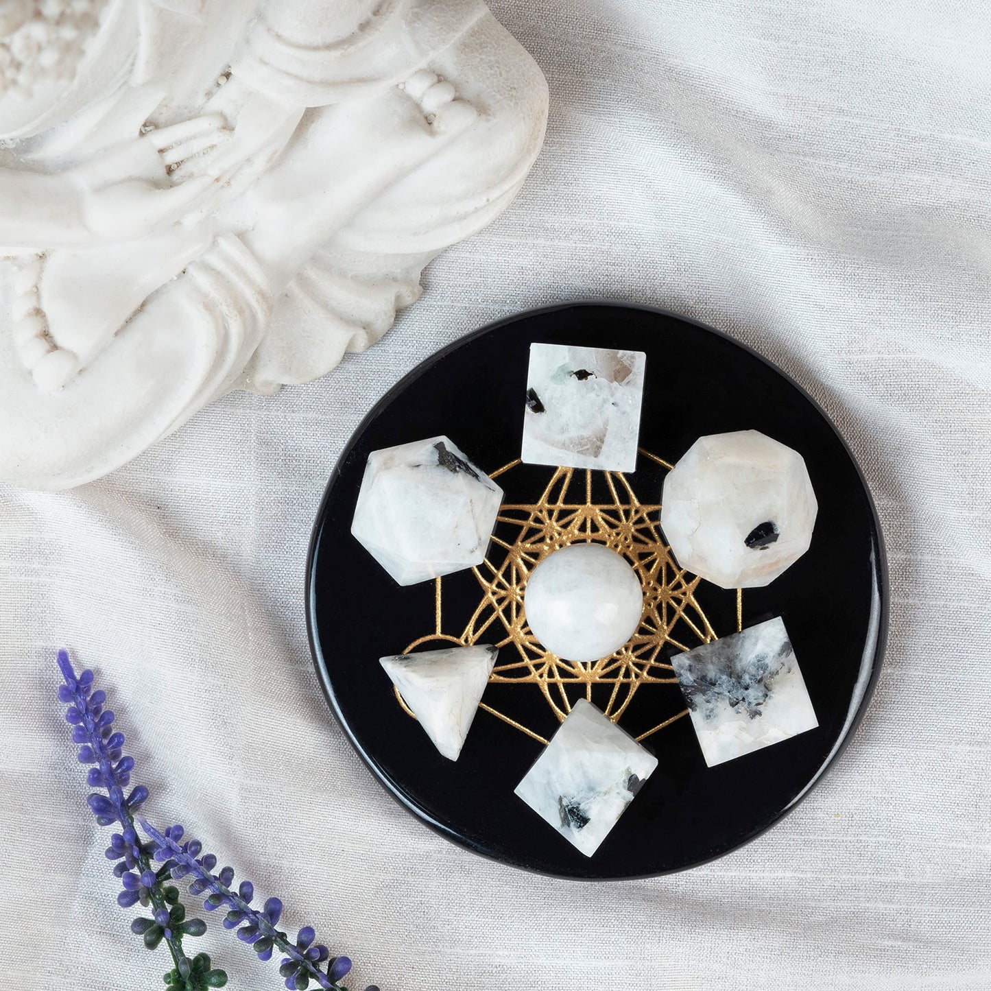 ZAICUS Rainbow Moonstone 7 Pcs Platonic Solids Crystal Geometry Set, Platonic Solids Sacred Geometric Stones for Meditation Healing Chakra Stone Cleansing Spiritual Good Luck (15-20 mm)
