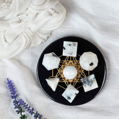 ZAICUS Rainbow Moonstone 7 Pcs Platonic Solids Crystal Geometry Set, Platonic Solids Sacred Geometric Stones for Meditation Healing Chakra Stone Cleansing Spiritual Good Luck (15-20 mm)
