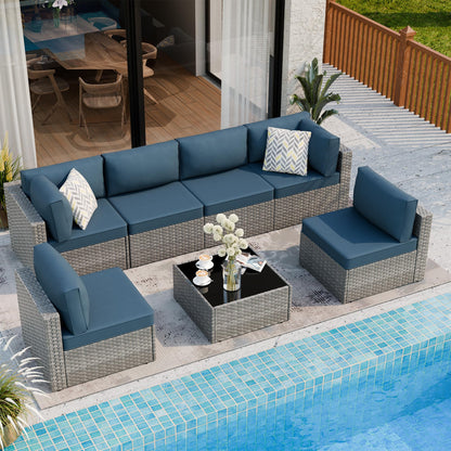 Shintenchi 7 Pieces Outdoor Patio Furniture Sets, Patio Sectional Sofa Couch, Silver Gray PE Wicker Furniture Modular Patio Conversation Sets Patio Sofa with Washable Cushions (Aegean Blue)